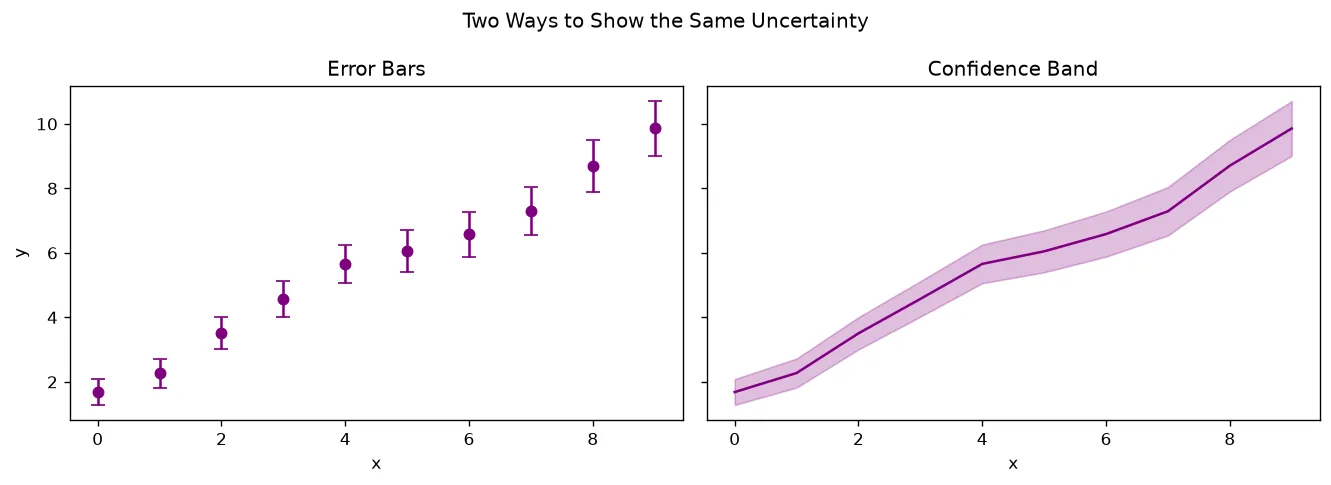 The chart this code draws: Compare error bars with a fill_between band