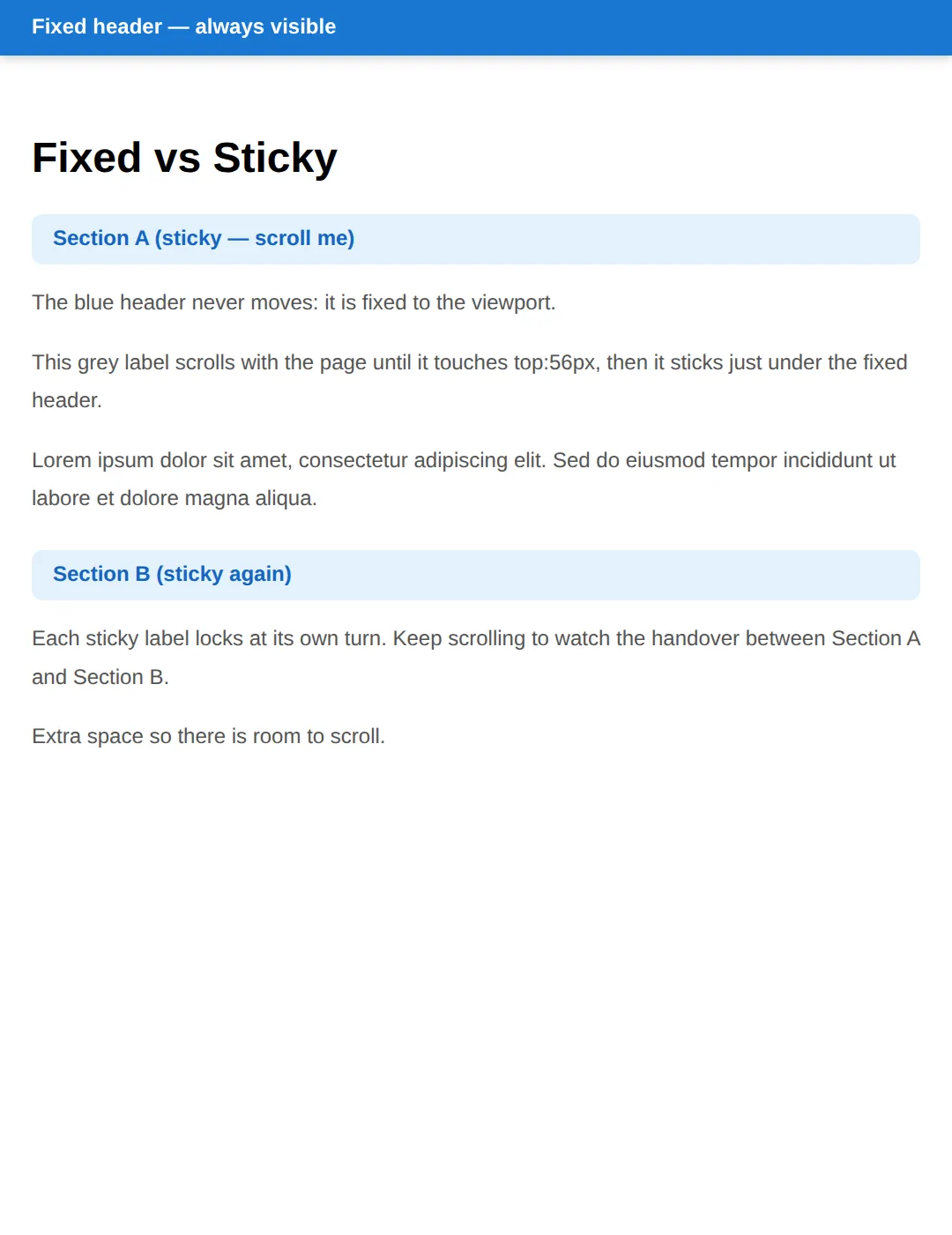 The page this code makes: Scroll inside the demo to see fixed stay put and sticky lock at its threshold.