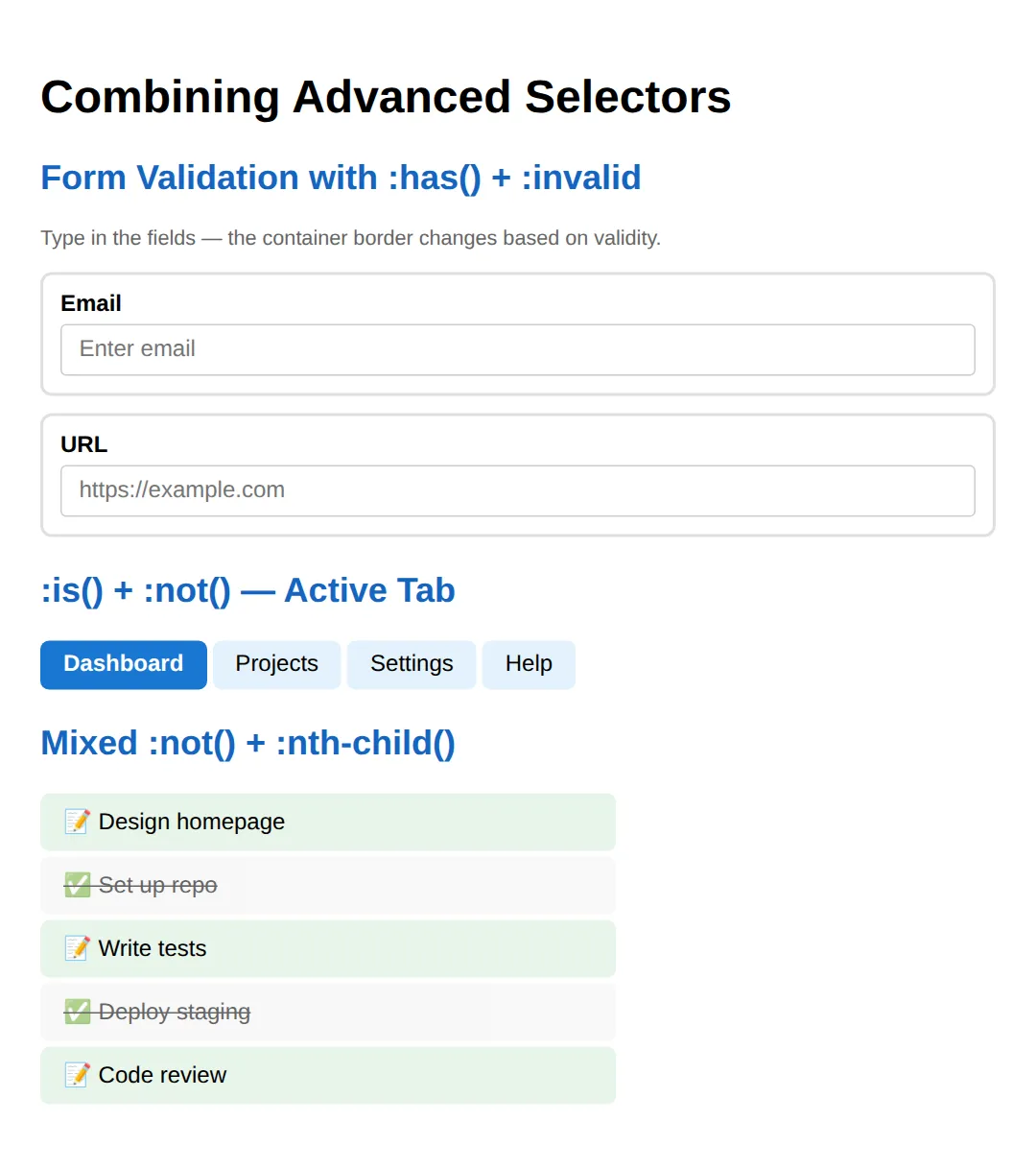 The page this code makes: Combining Selectors: Validation, Tabs, & Mixed Patterns
