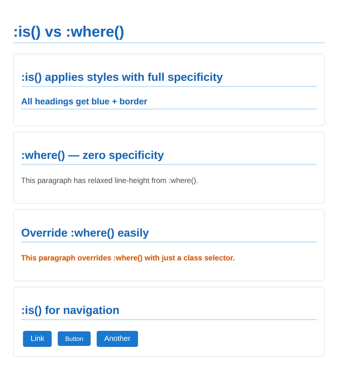 The page this code makes: Try :is() vs :where()
