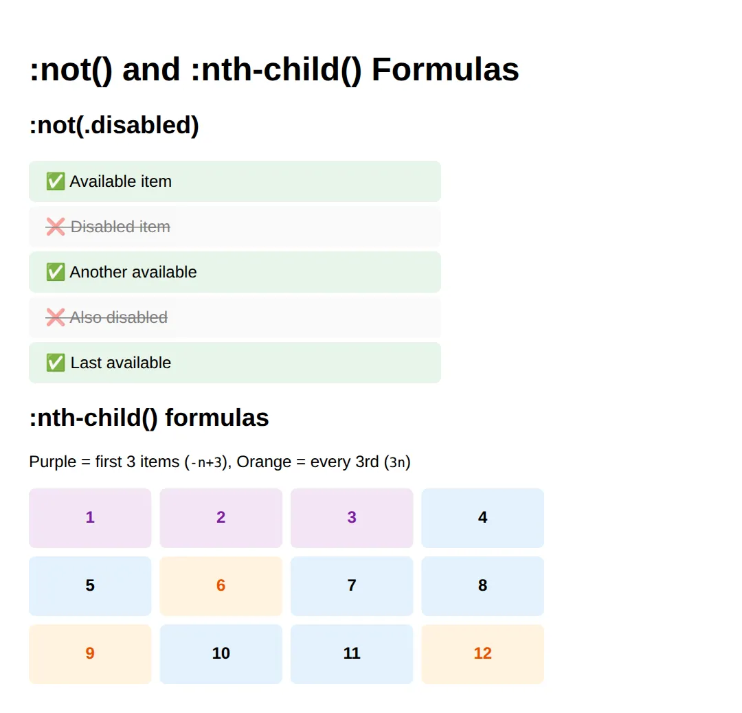 The page this code makes: Try :not() and :nth-child() Formulas