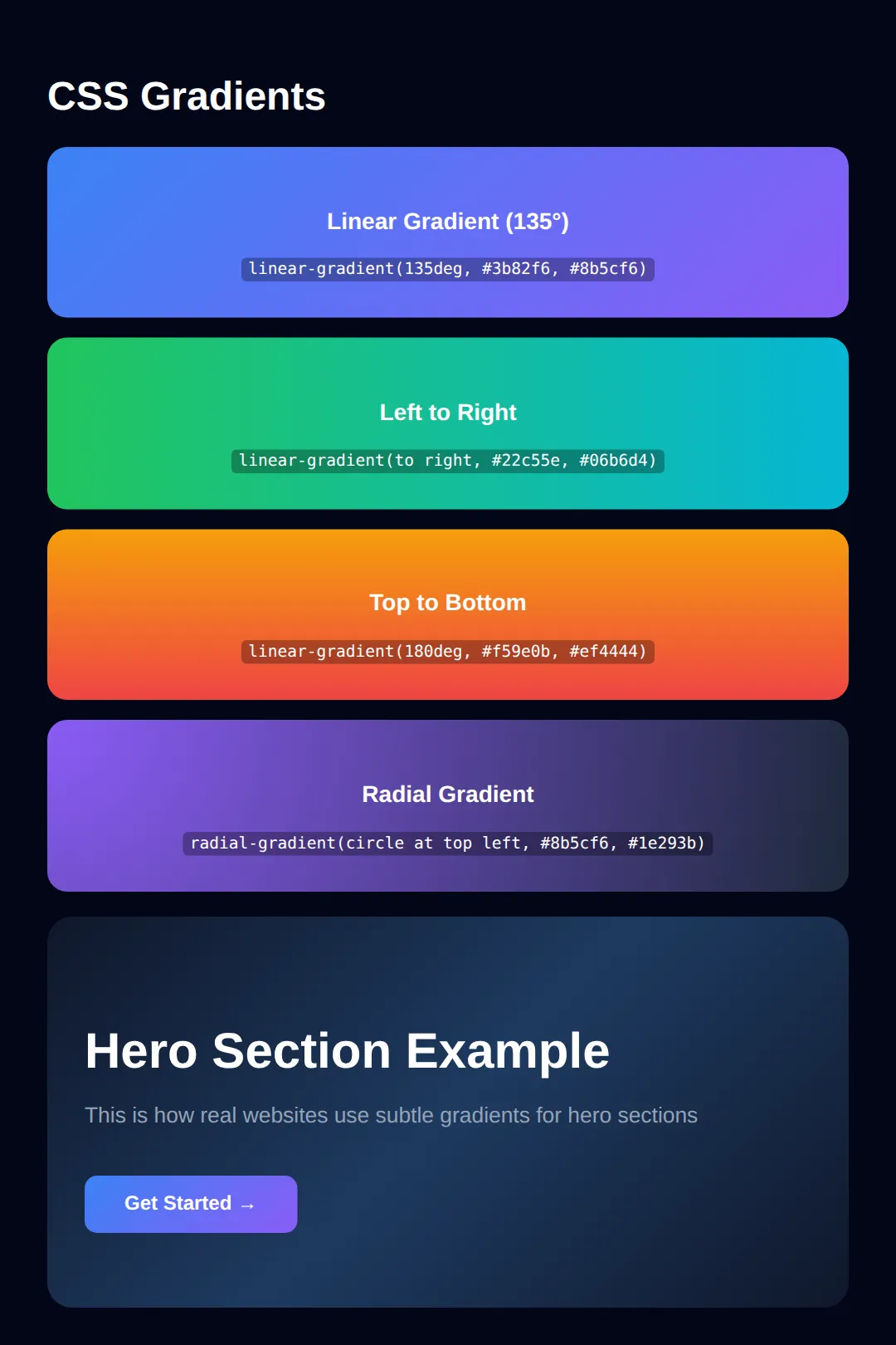 The page this code makes: Create stunning gradients for hero sections, buttons, and cards