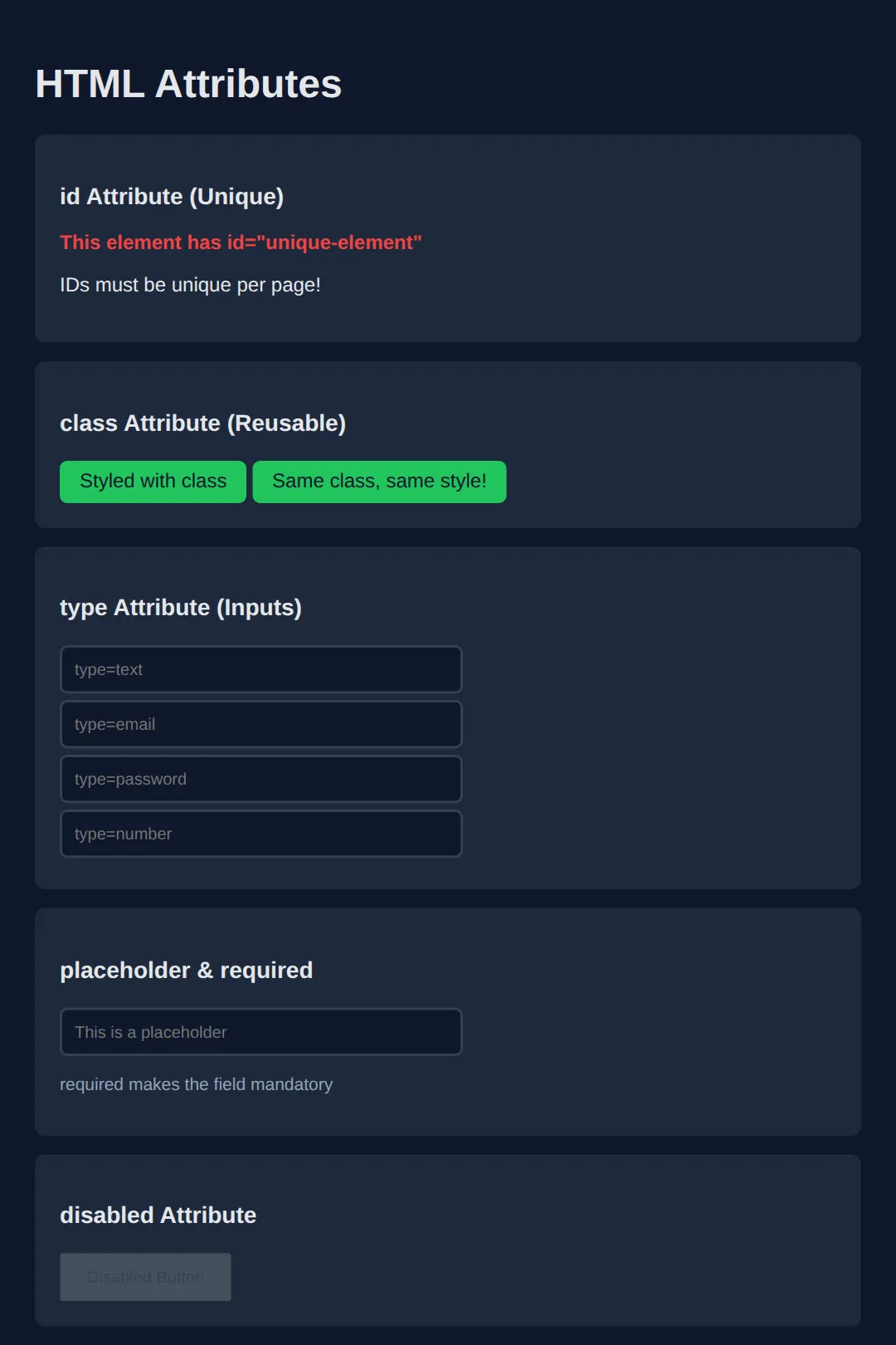 The page this code makes: id, class, href, src, type, and more