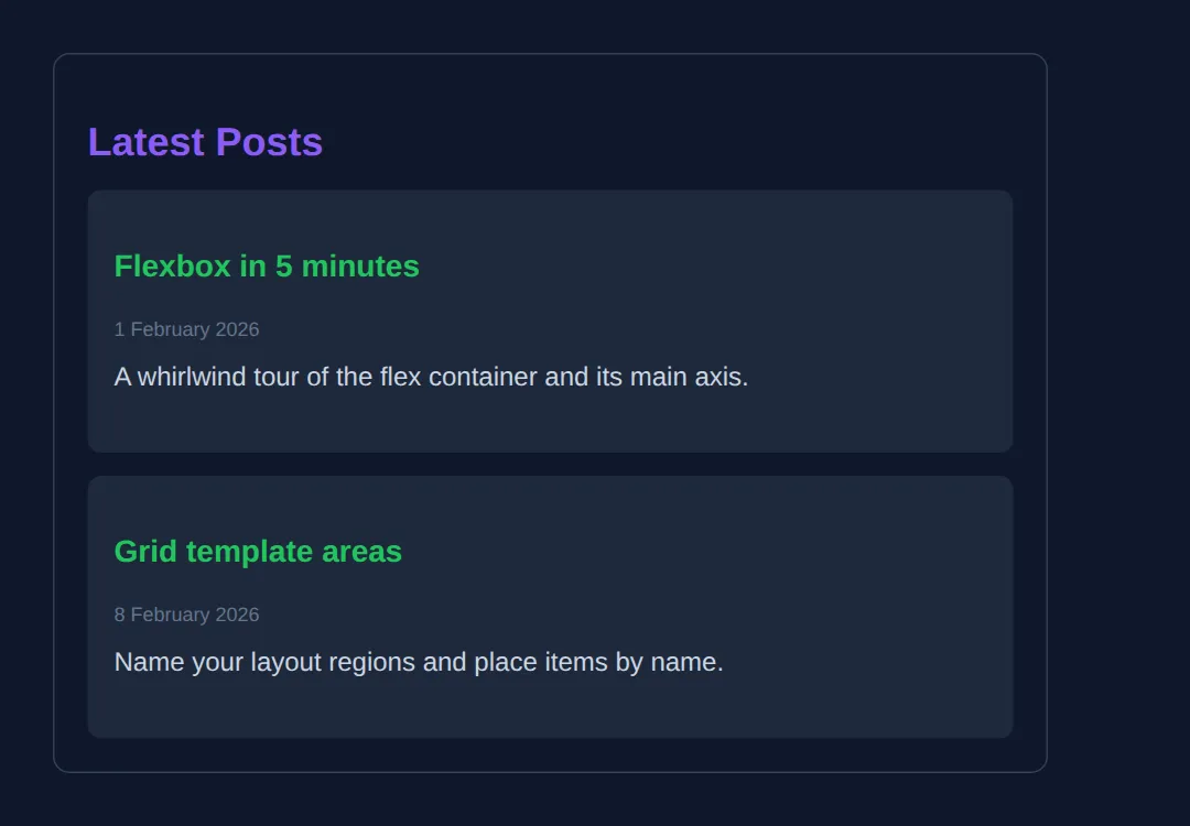 The page this code makes: A 'Latest posts' section containing self-contained articles