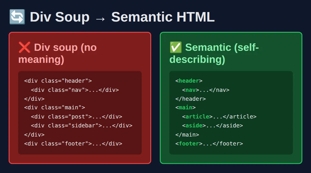 The page this code makes: The same layout as div soup and as semantic HTML, side by side
