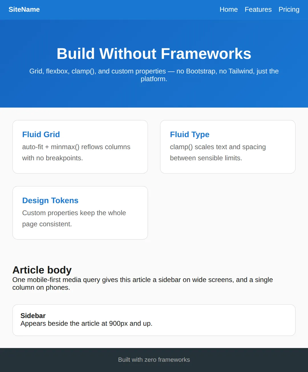 The page this code makes: Tokens + flex nav + clamp hero + auto-fit grid + one media query