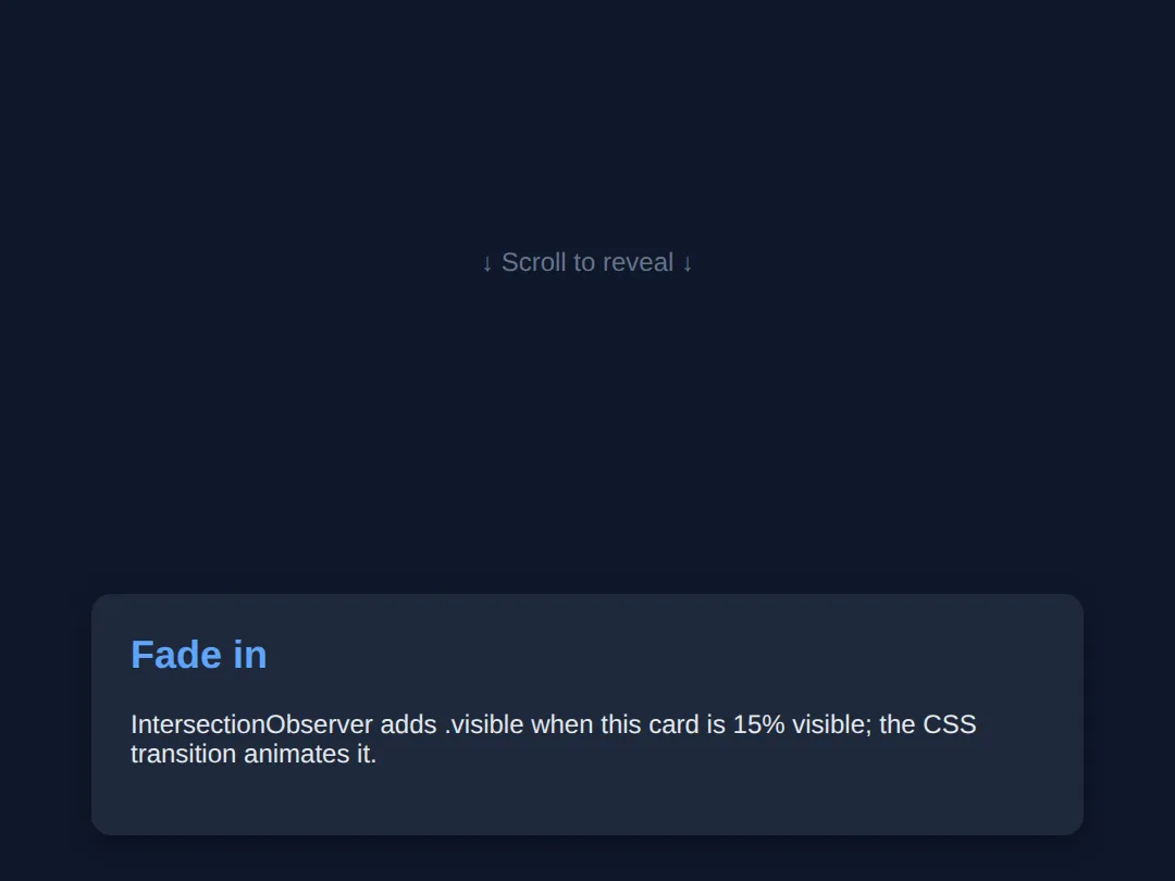 The page this code makes: JS toggles a class; a CSS transition does the animation
