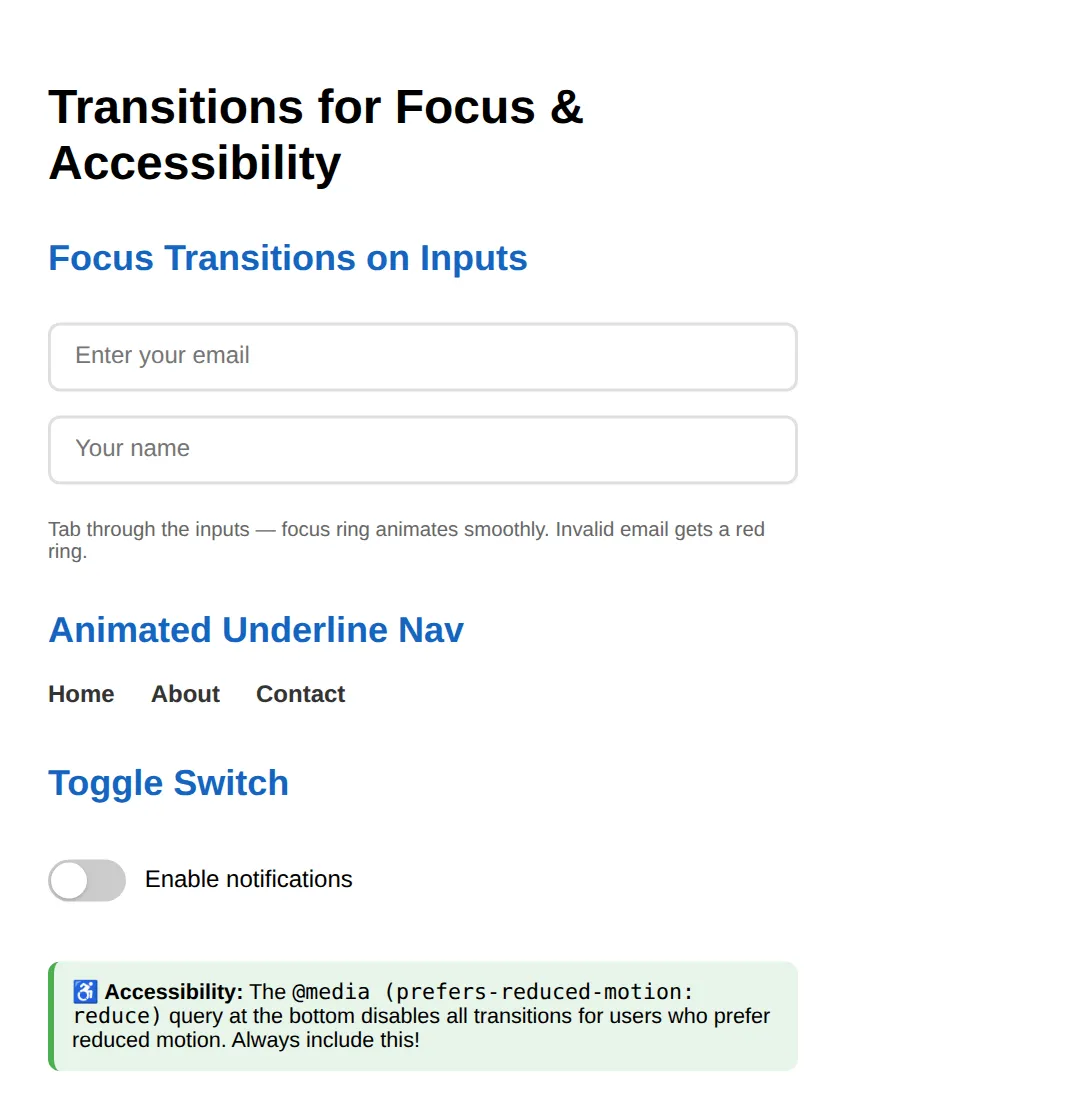 The page this code makes: Focus & Accessibility Transitions